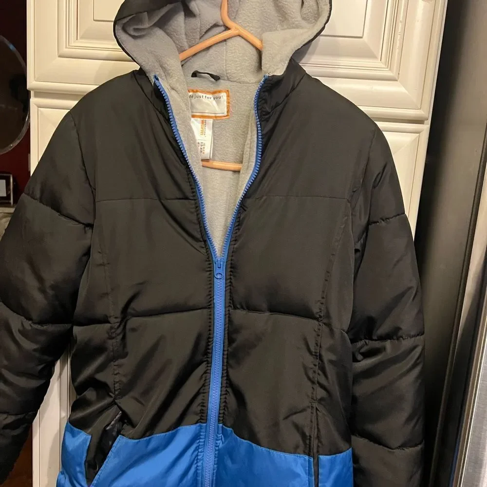 Operation Warm Boys Puffer Parka Coat Fleece Hood Jacket Black Blue 14 16 XL EUC